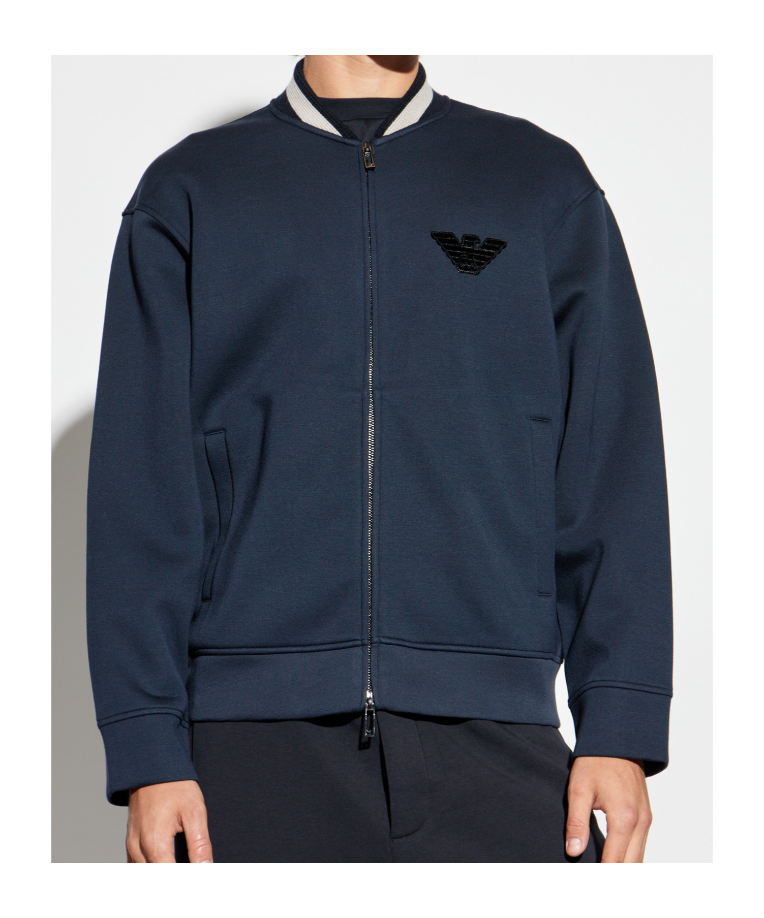 Emporio Armani Eagle Patch Double-jersey Zip-up Sweatshirt In Blue