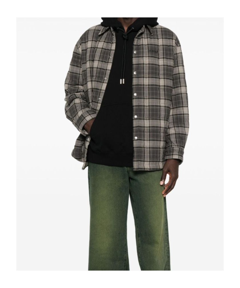 Off-white Grey Shirt With Logo Lettering On The Front And All-over Check Motif In Cotton Man In Black