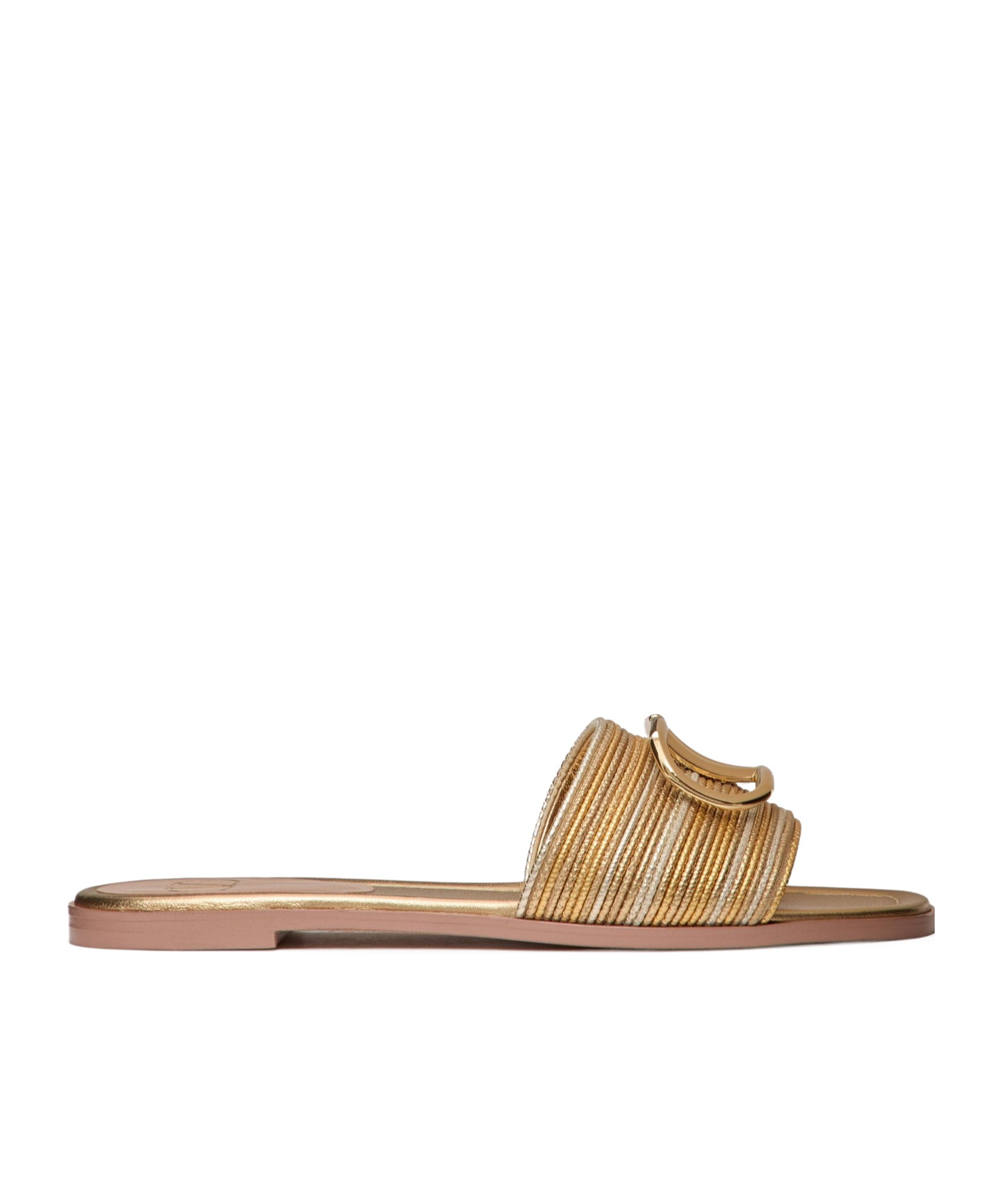 Valentino Garavani Vlogo Signature Metallic Leather Slide Sandal With Cornely Embroidery Woman Gold  In Nude