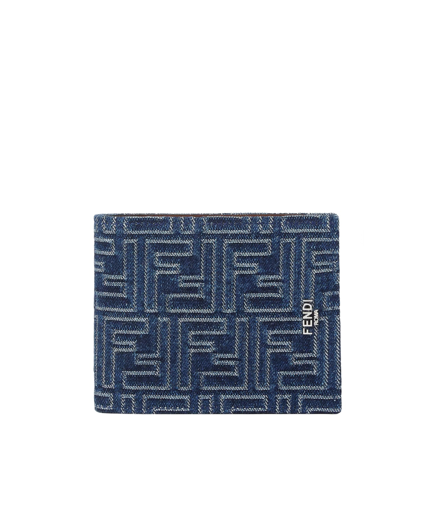 Fendi Brown Leather And Blue Denim-effect Ff Jacquard Bi-fold Wallet