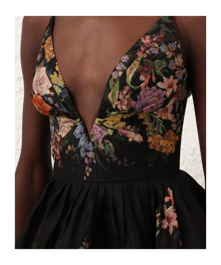 Zimmermann Pavilion Pleated Floral-print Linen And Silk-blend Mini Dress In Black