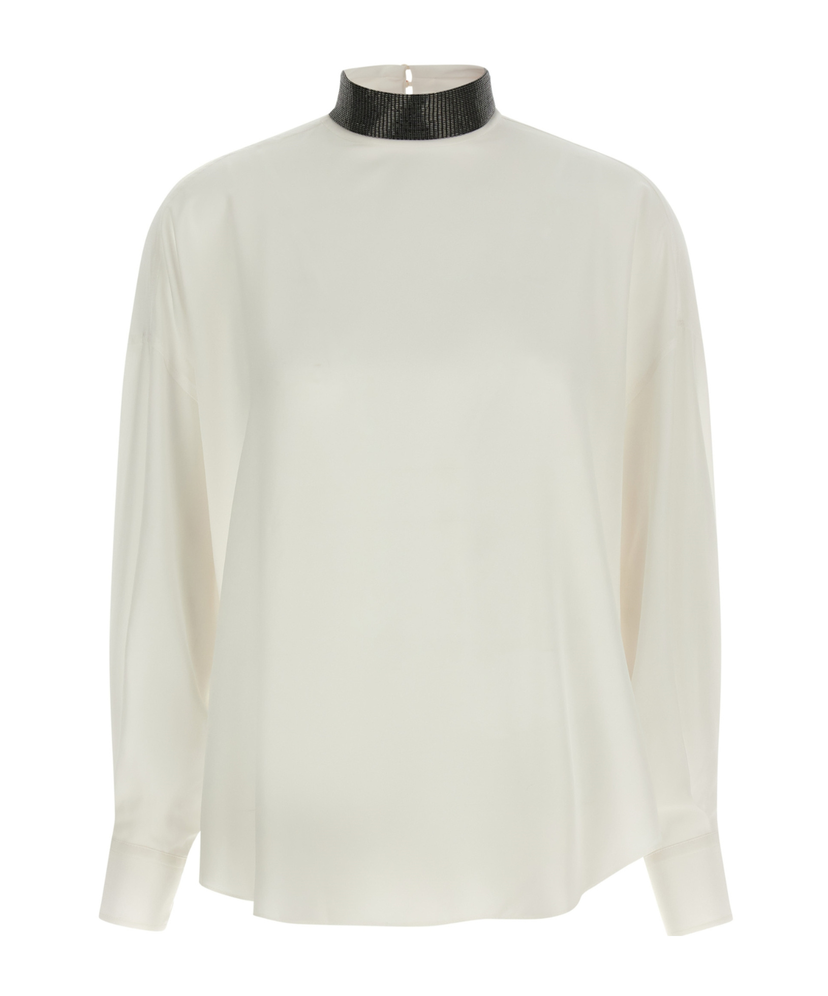 Brunello Cucinelli Silk Blouse With High Collar And Keyhole Back In Neutral