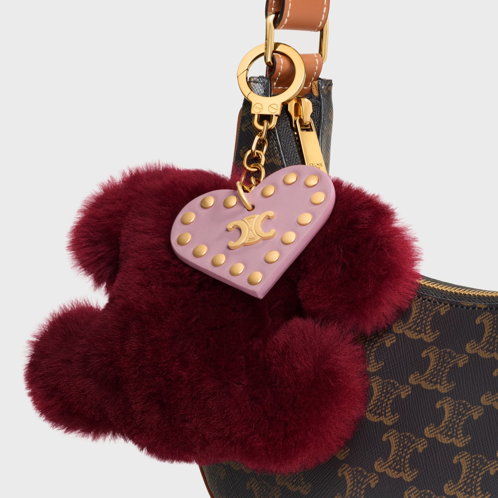 Celine Triomphe Pom-pom Charm In Shearling And Calfskin In Brown