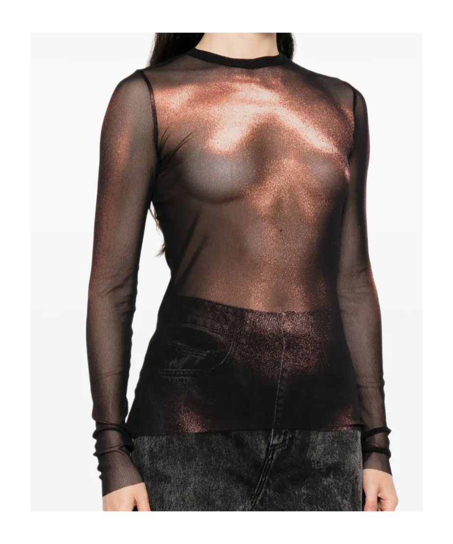 Jean Paul Gaultier Sheer Mesh Crew Neck Top Long Sleeves In Black