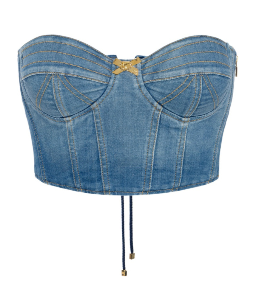 Elisabetta Franchi Denim Corset Vest In Blue