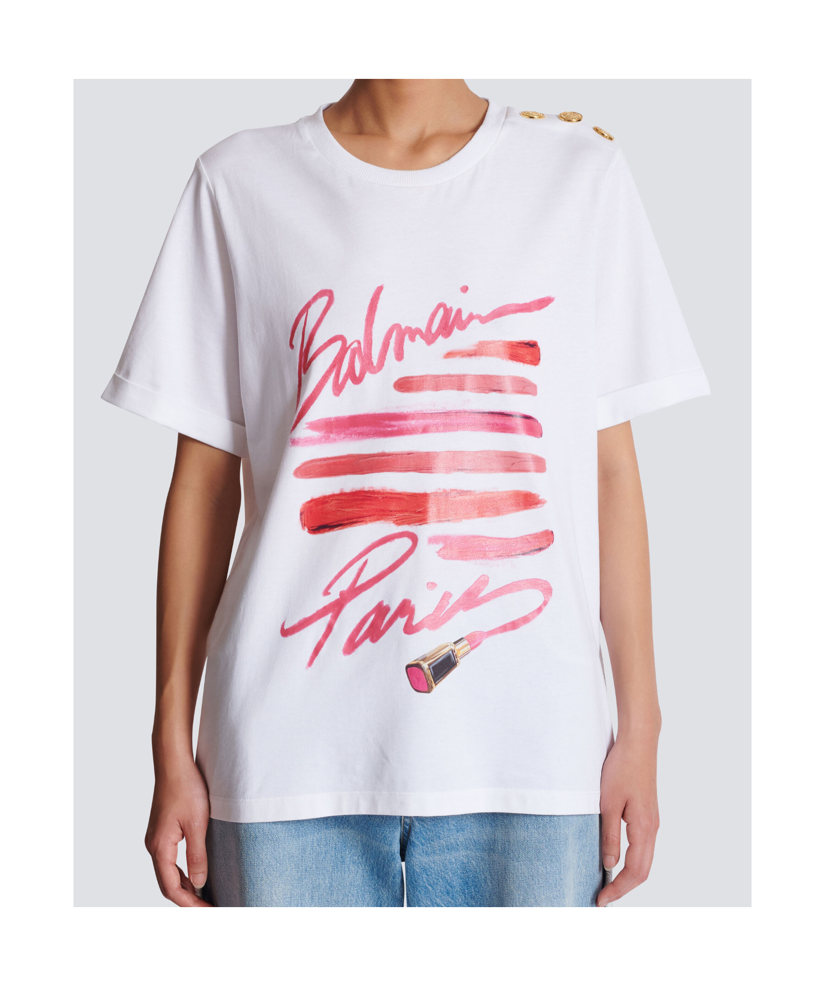 Balmain Cotton Jersey Crewneck T-shirt With Lipstick Print In White