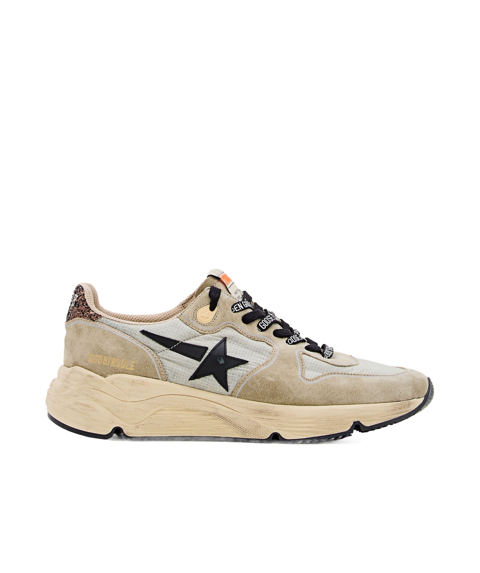 GOLDEN GOOSE WOMENS RUNNING SOLE IN GRAY NYLON WITH BLACK STAR AND GLITTER HEEL TAB