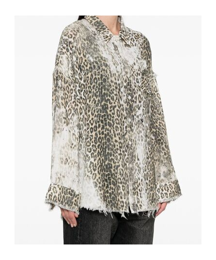 R13 Shredded Seam Drop Neck Leopard Print Button-up Shirt In White
