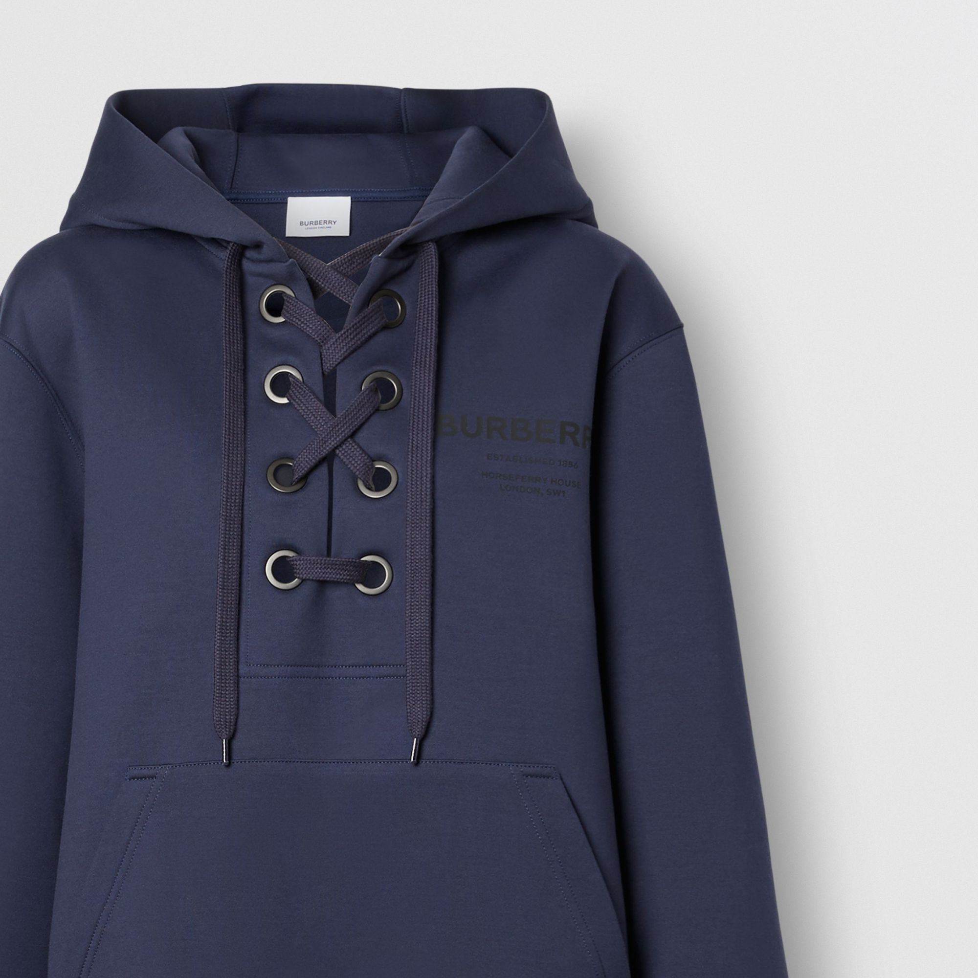 Burberry Lace-up Horseferry-print Hoodie In Blue
