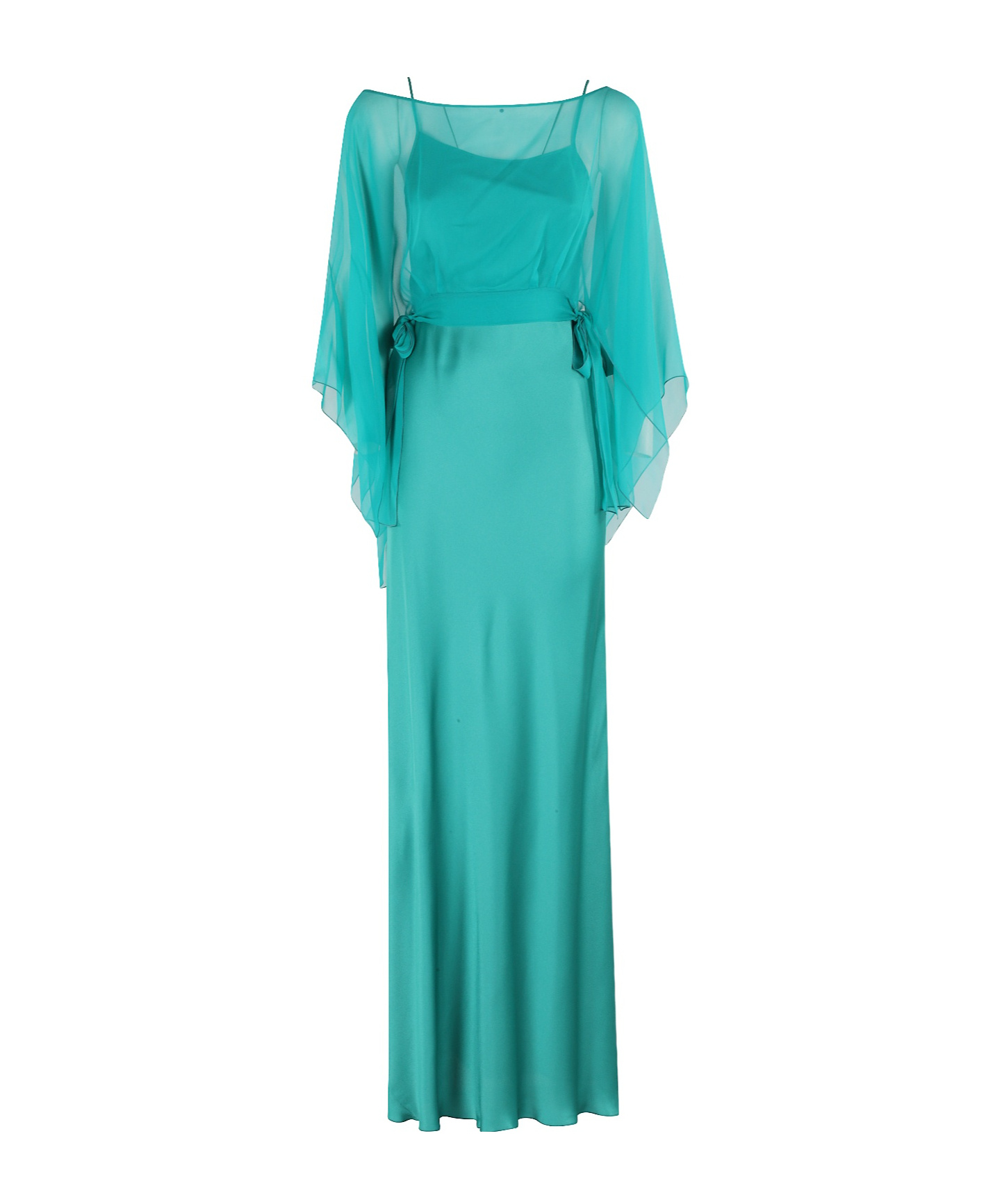 Alberta Ferretti Satin Evening Dress With Flowing Chiffon Cape In Aqua Green