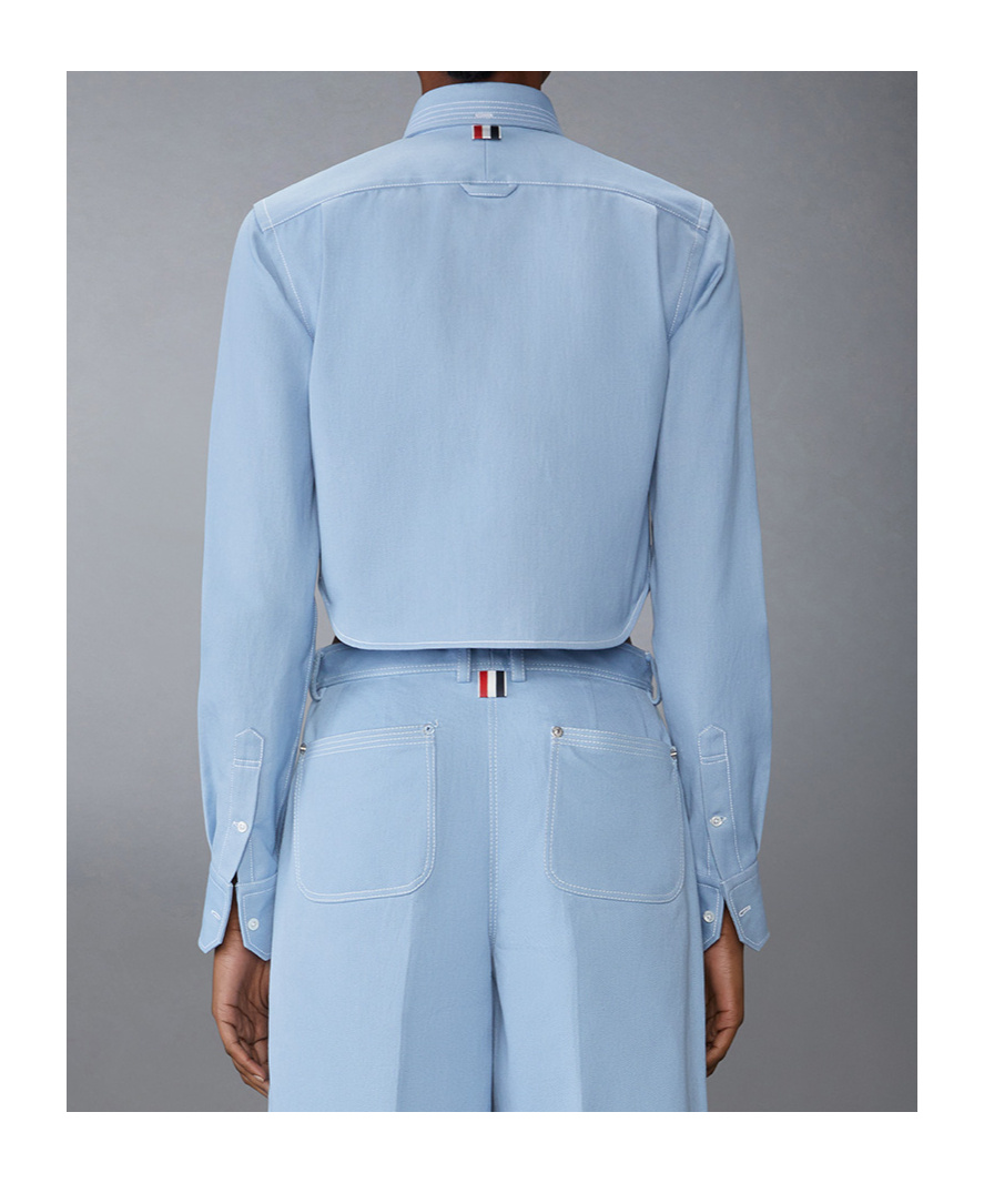 Thom Browne Cropped Denim Shirt With Contrast Stitching In Blue