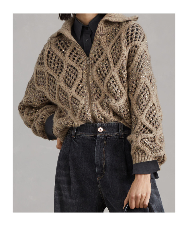 Brunello Cucinelli Zipped Open-knit Cardigan In Nude