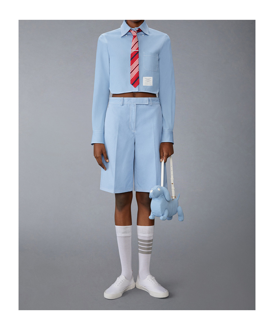 Thom Browne Cropped Denim Shirt With Contrast Stitching In Blue