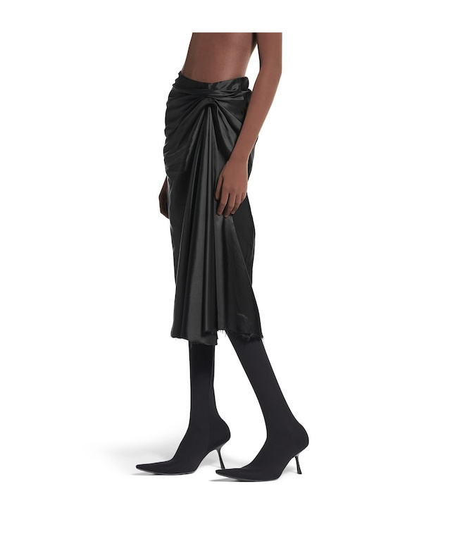 Balenciaga Asymmetric Frayed Gathered Draped Satin Midi Skirt In Black