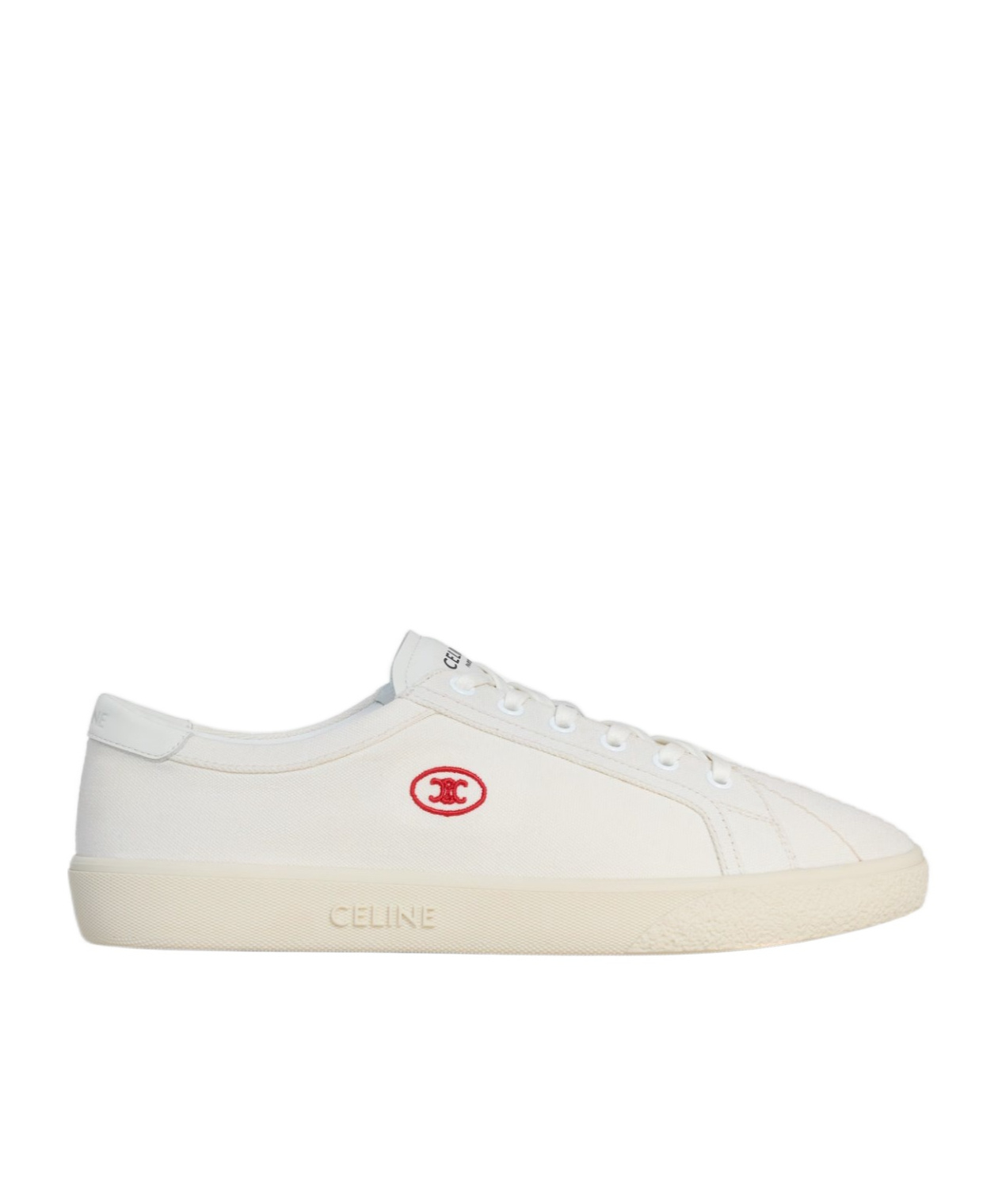 Celine Lou Low Lace-up Sneaker With Embroidered Triomphe In Canvas And Calfskin In White
