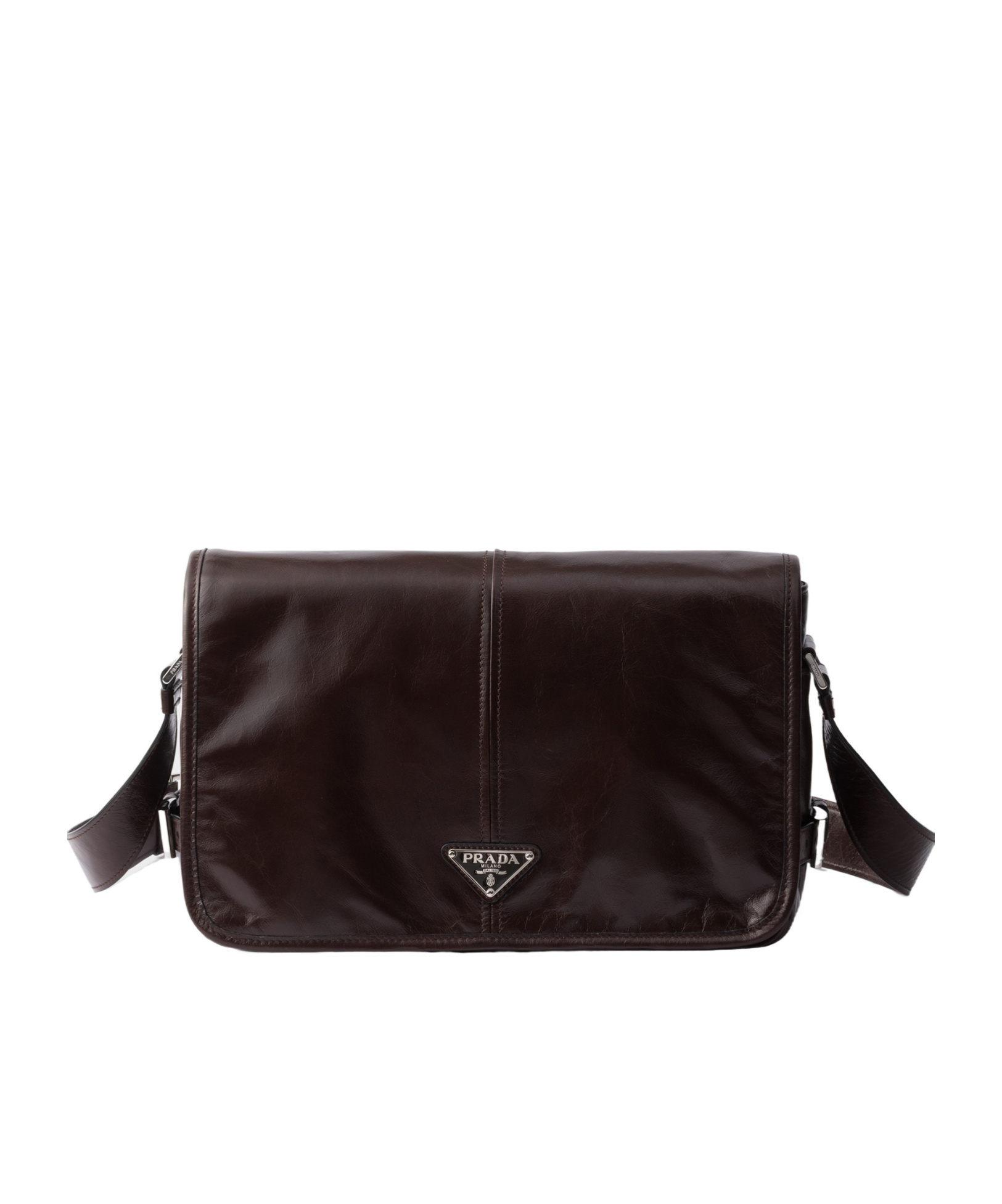 Prada Mens Grey Branded-plaque Patent-leather Shoulder Bag In Brown