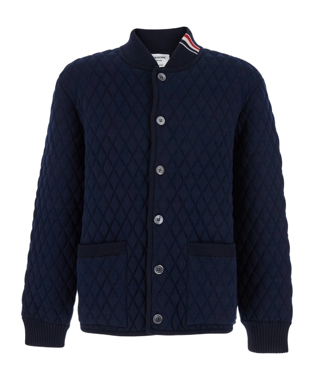 Thom Browne Blue Quilted Jacket With Bomber Collar And Logo Embroidery On The Collar In Blue