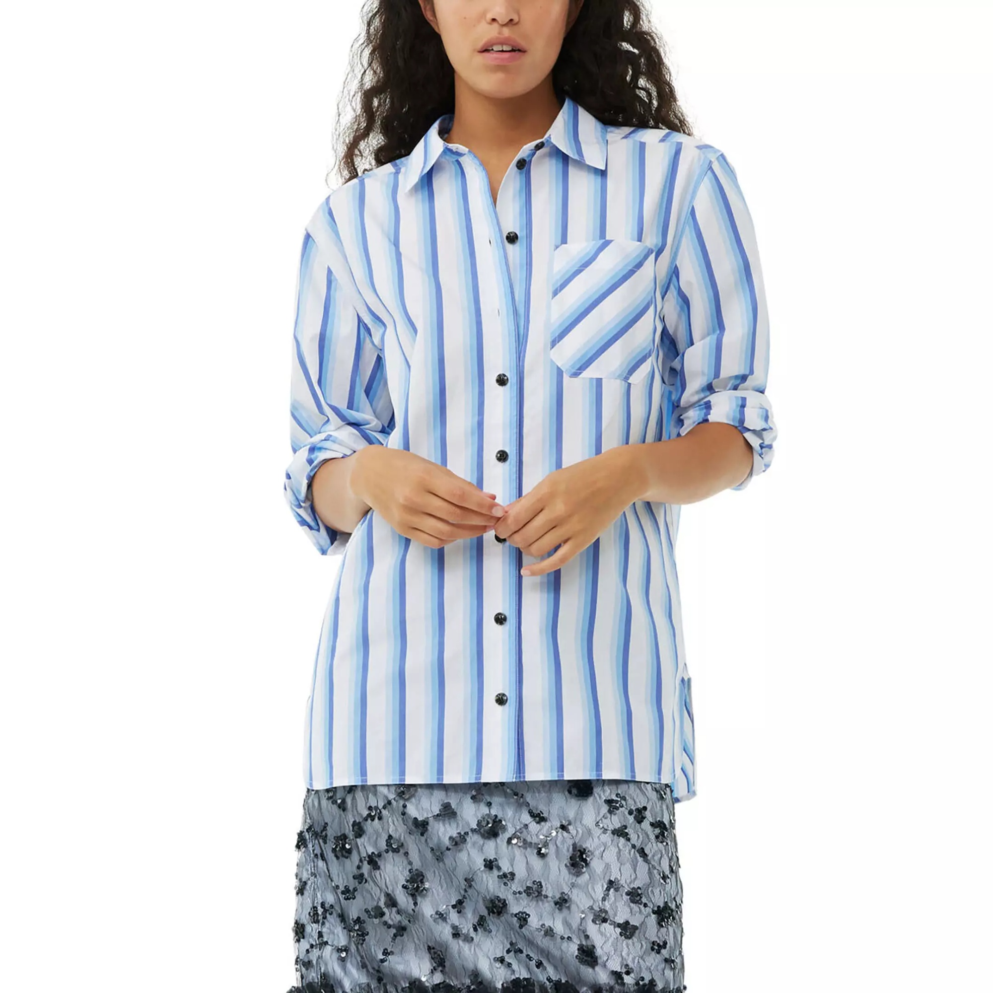 Shop Ganni Blue Striped Cotton Oversized Shirt In White