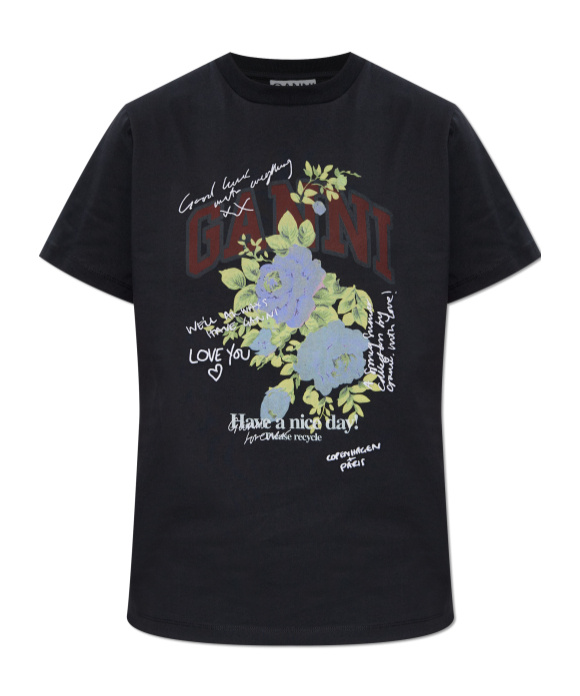 Ganni Graphic Print Crew Neck Short Sleeve Top In Black