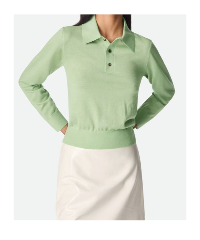 Bottega Veneta Green Polo With Classic Collar And Embroidered Logo On The Front In Light Cashmere Wo In Green