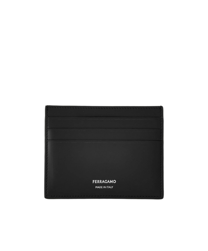 Ferragamo Florence Black Card Holder With Logo Lettering On The Front In Grained Leather Man In Black