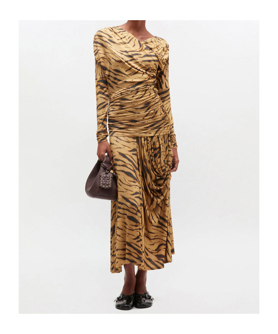 Ganni Asymmetric Draped Tiger-print Maxi Dress In Yellow