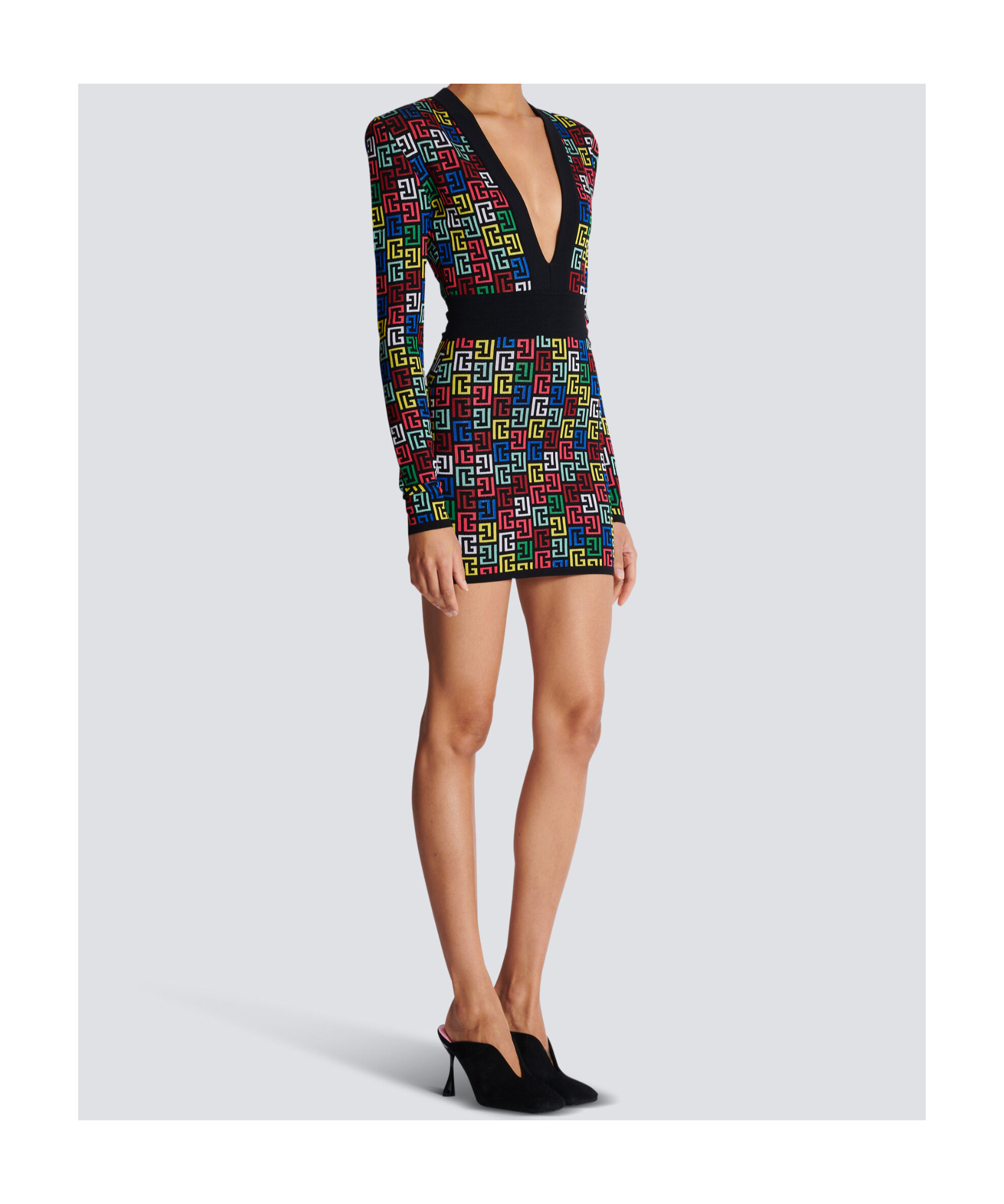 Balmain Knit Dress With Monogram And Geometric Pattern In Black