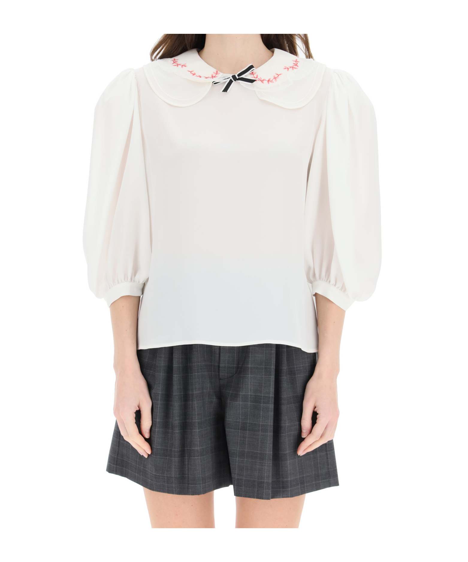 Miu Miu Rounded-collar Puff-sleeve Blouse In White
