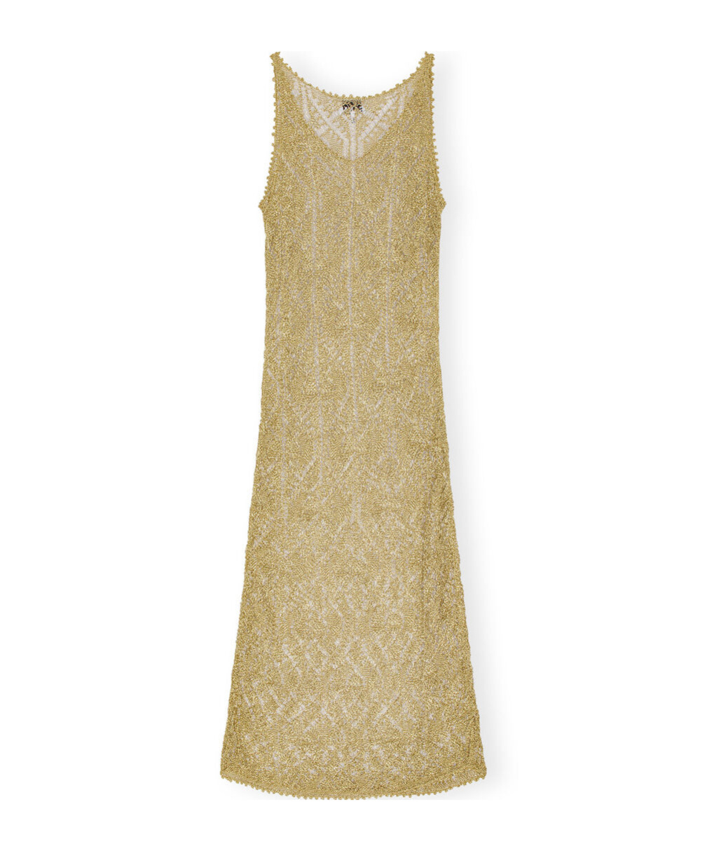Ganni Gold Midi Dress In Viscose Blend With Metallic Texture. In Nude