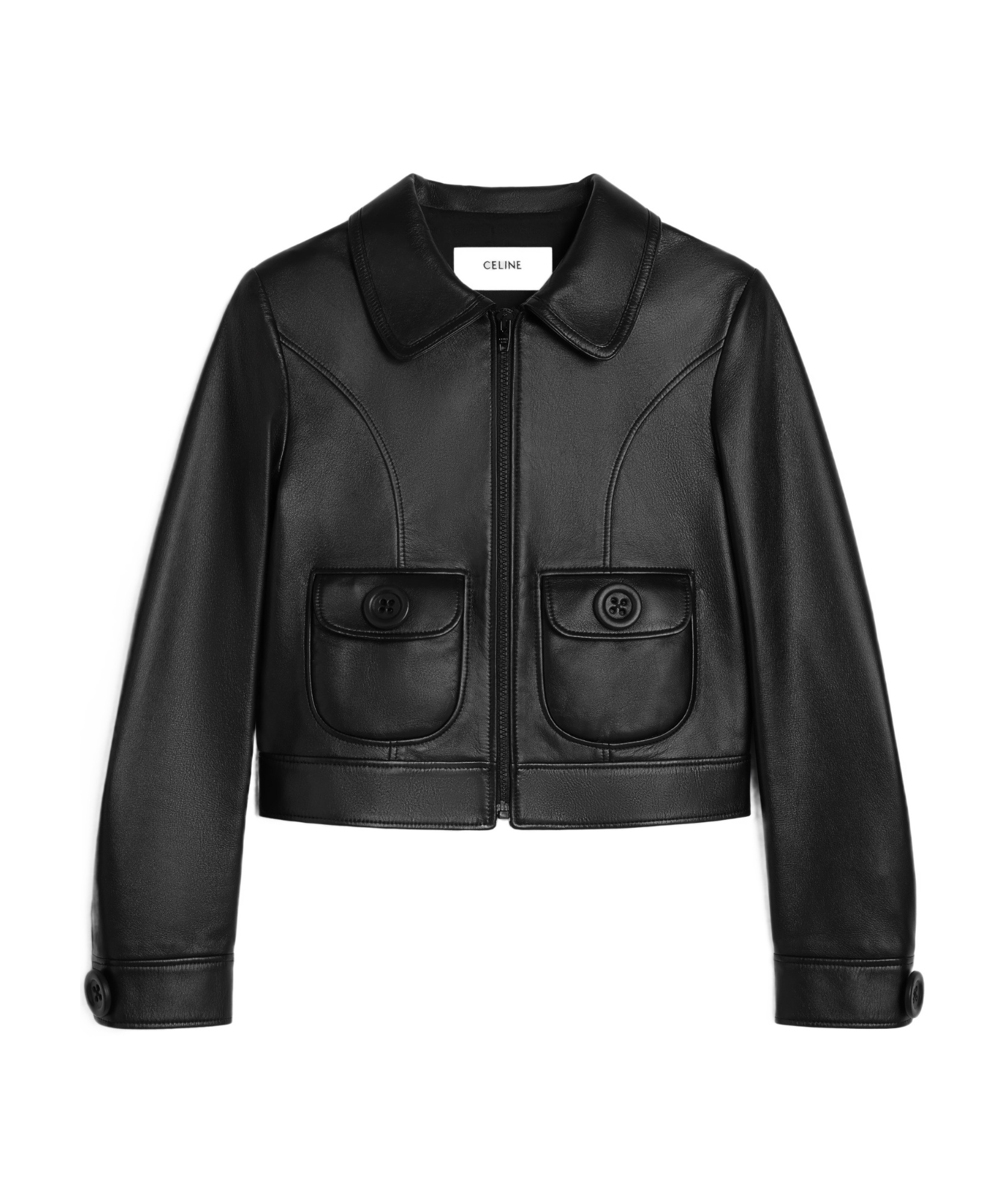 Celine Lapel Long Sleeve Leather Jacket In Black