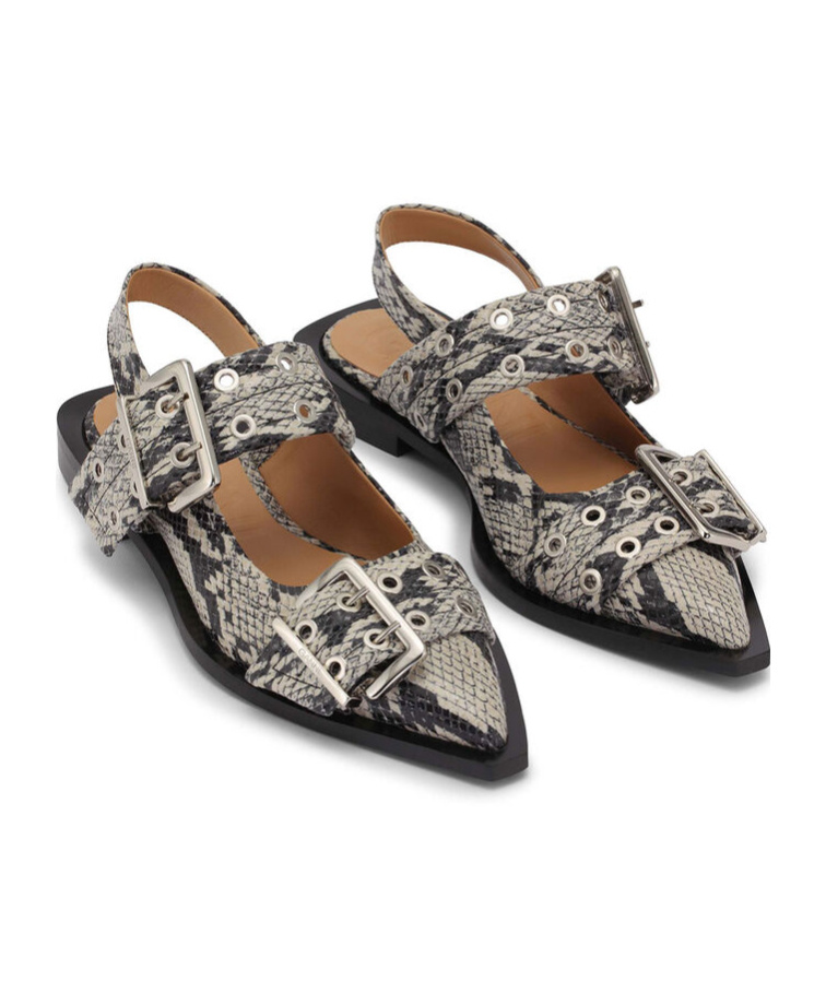 Ganni Buckled Eyelet-embellished Snake-effect Recycled Faux Patent-leather Ballet Flats In Black