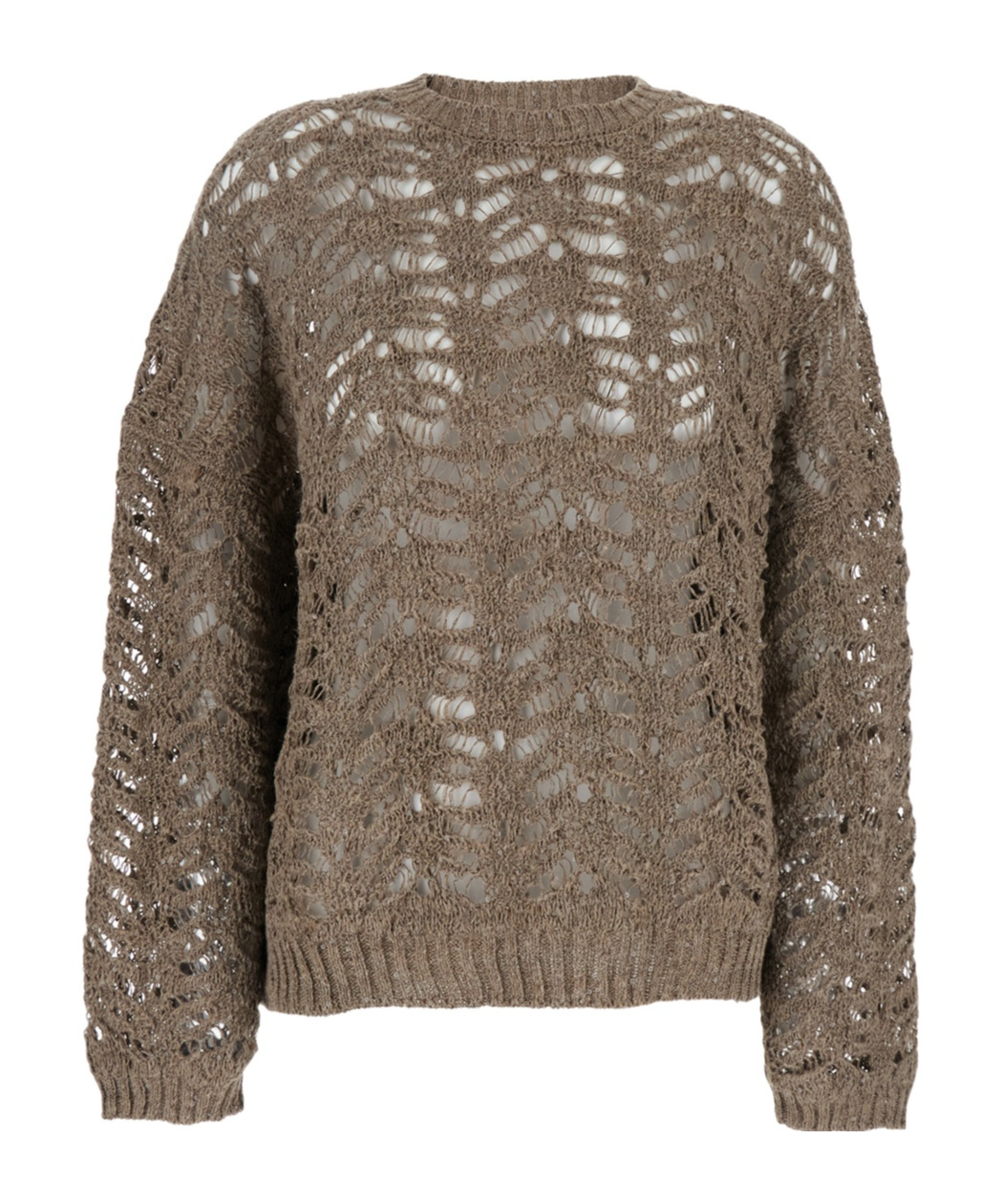 Brunello Cucinelli Dazzling Brown Round Neck Sweater With Open Stitch And Beaded Decorations In Linen Blend Woman In Brown
