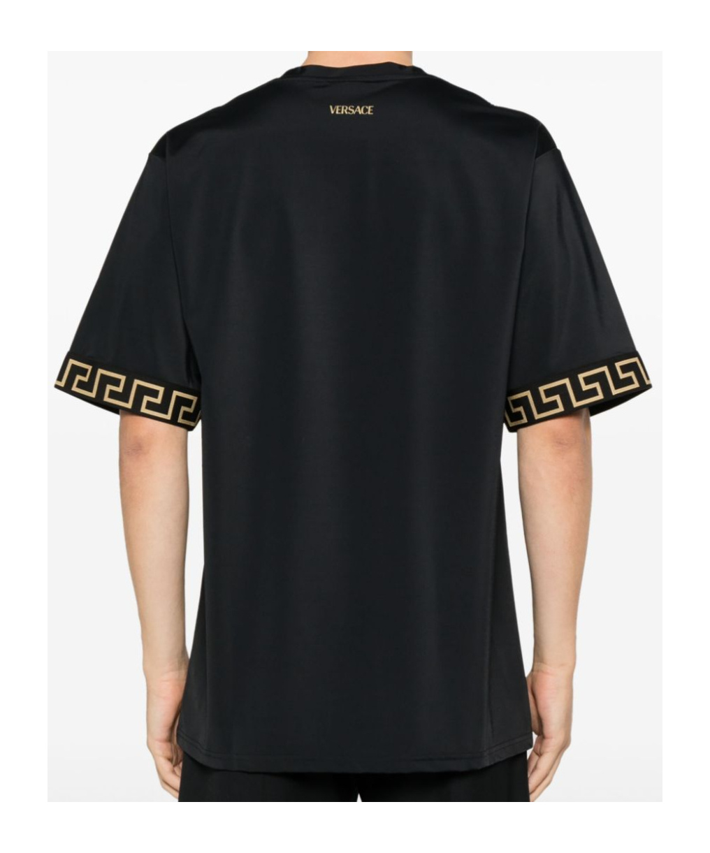 Versace Black Crewneckt-shirt With Contrasting Greca Motif In Stretch Polyamide Man In Black
