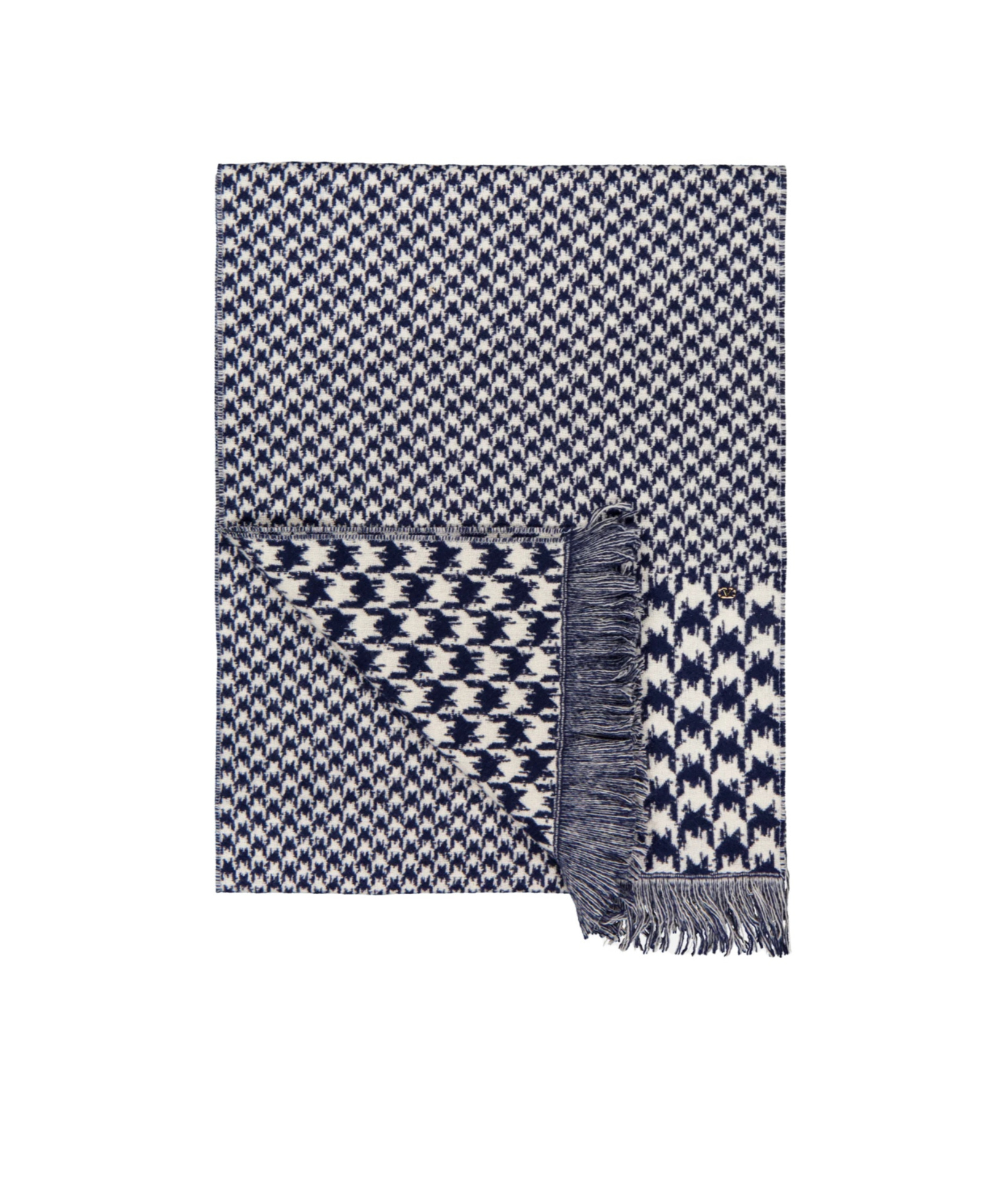 Valentino Houndstooth Pattern Scarf Fringed Edges In Blue