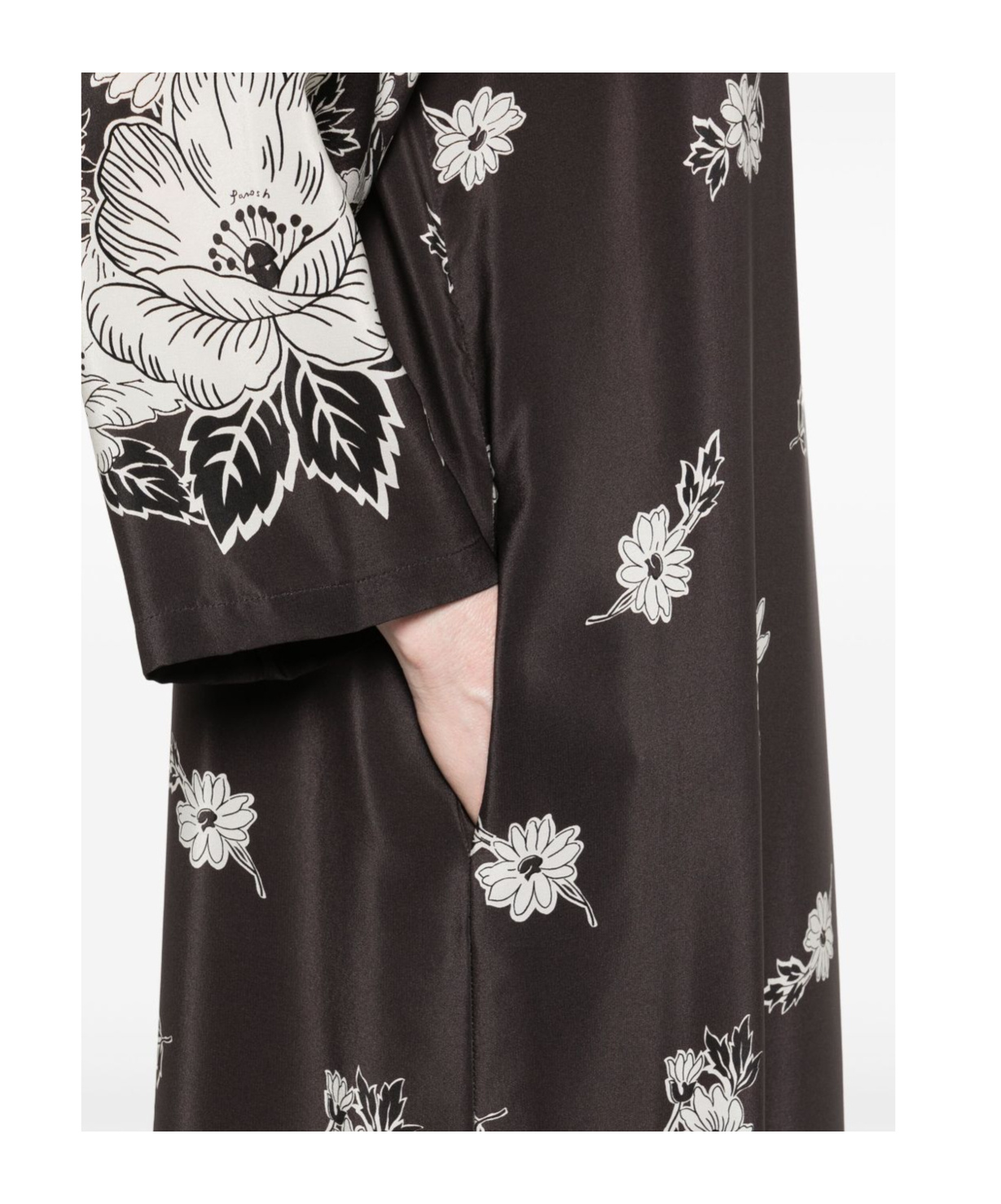 P.a.r.o.s.h Black And White Long Dress With V-neck And All-over Floral Printed Pattern In Silk Woman