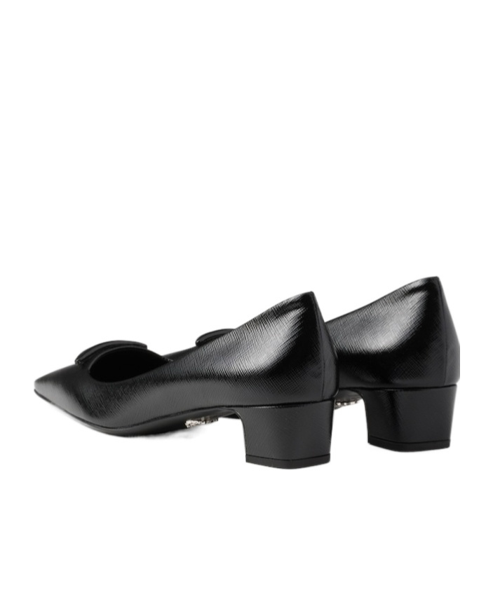 Prada Triangle Saffiano Patent Pump In Black