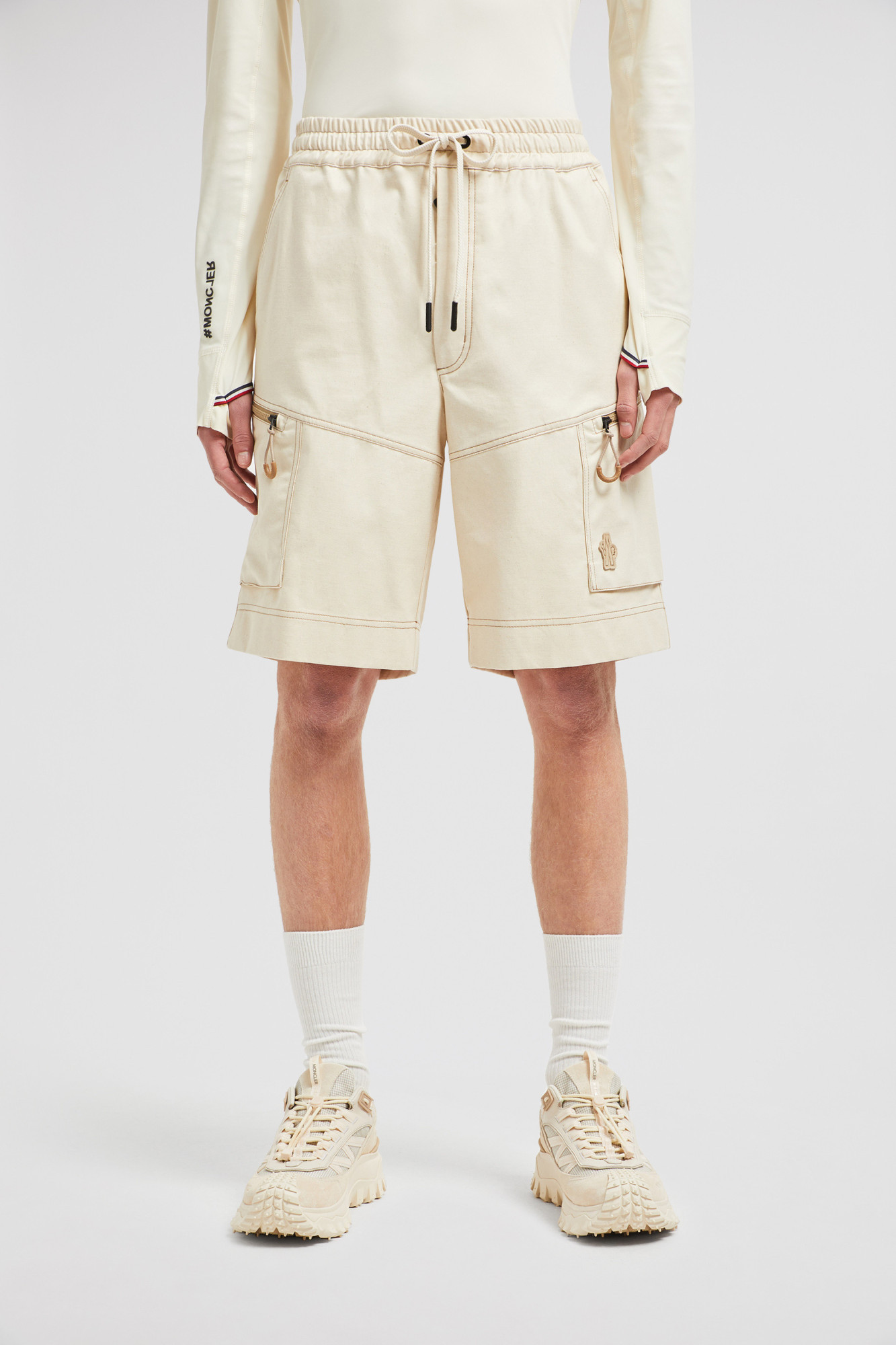 Moncler Cotton Drill Cargo Shorts Beige In Nude