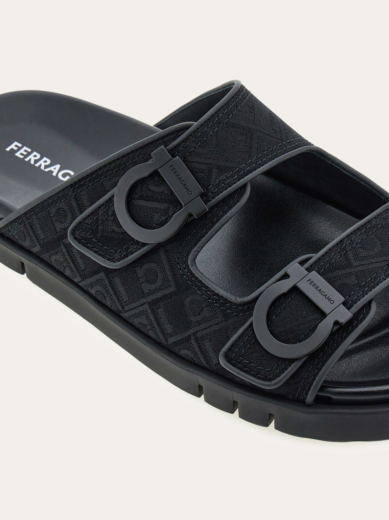 Ferragamo Logo Double Strap Slippers In Black