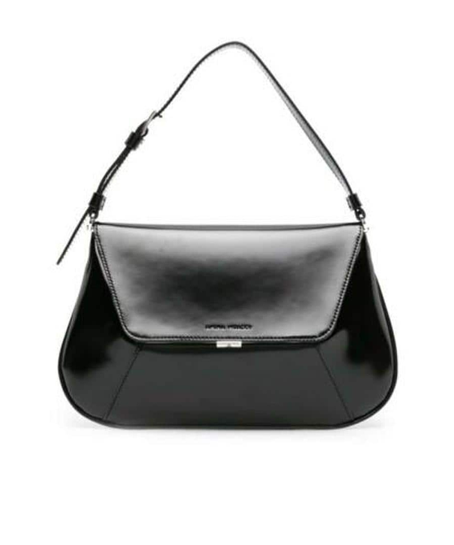 Amina Muaddi Leather Handbag With Curved Base And Reptile Motif Embossing In Black