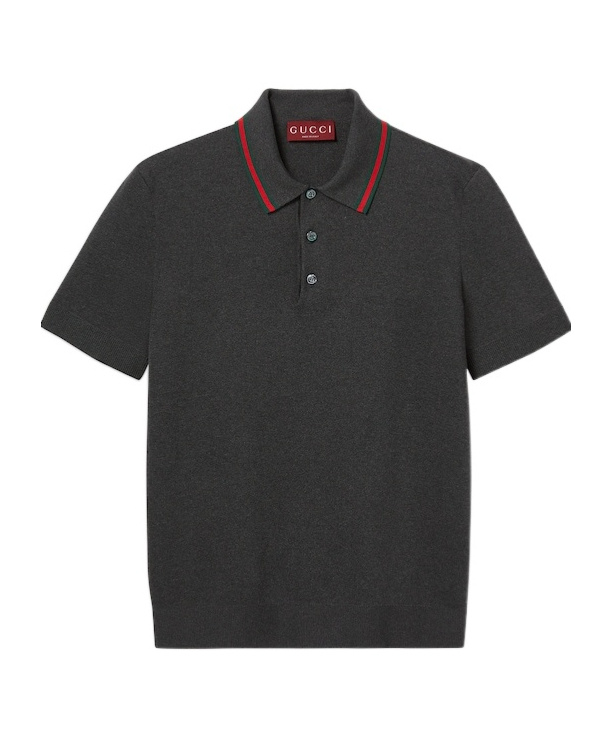 Gucci Silk Cotton Polo Shirt With Web In Dark Gray