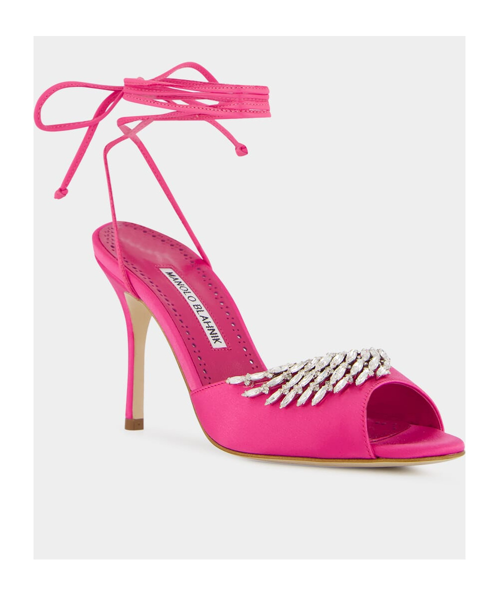 Manolo Blahnik Plumena Embellished Satin Sandals In Pink
