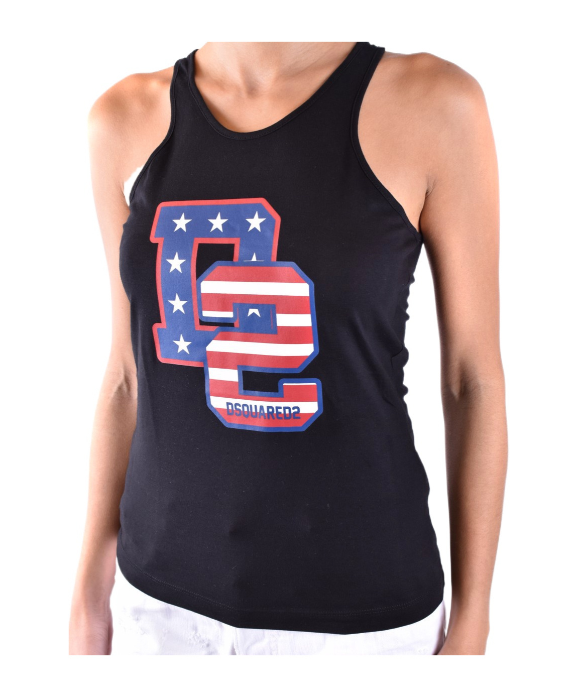 Dsquared2 Fitted Graphic Racerback Round Sleeveless Top In Black