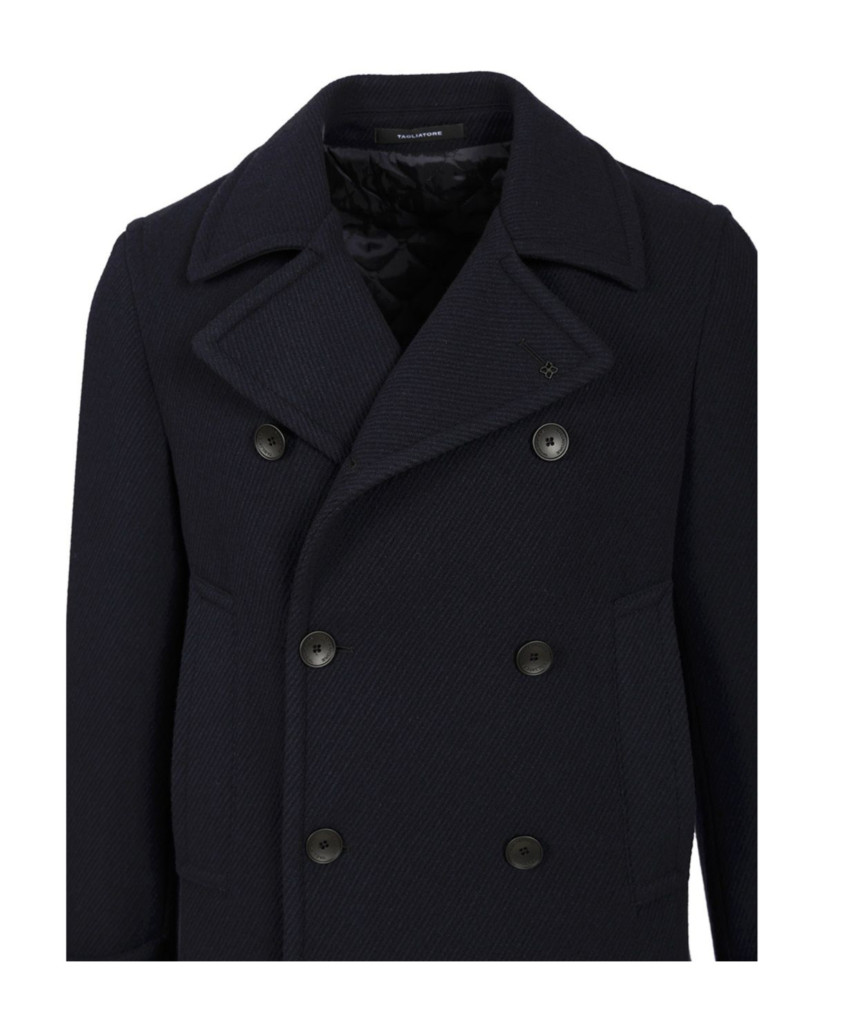 Tagliatore Black Double-breasted Coat With Wide Notched Revers In Blue