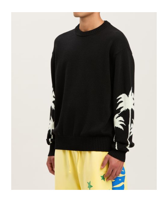 Palm Angels Black Sweater With Palms Motifs In Cotton And Wool Blend Man In Black