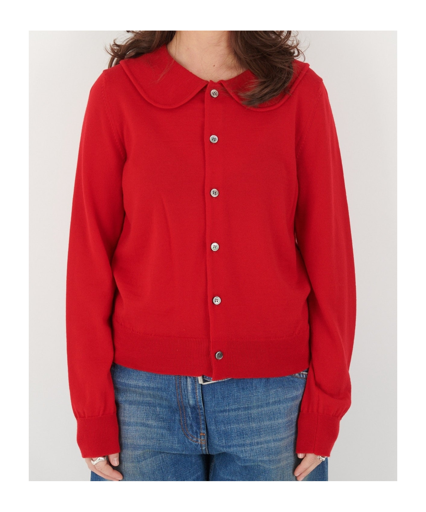 COMME DES GARÇONS RED WOOL CARDIGAN FROM COMME DES GARCONS GIRL.