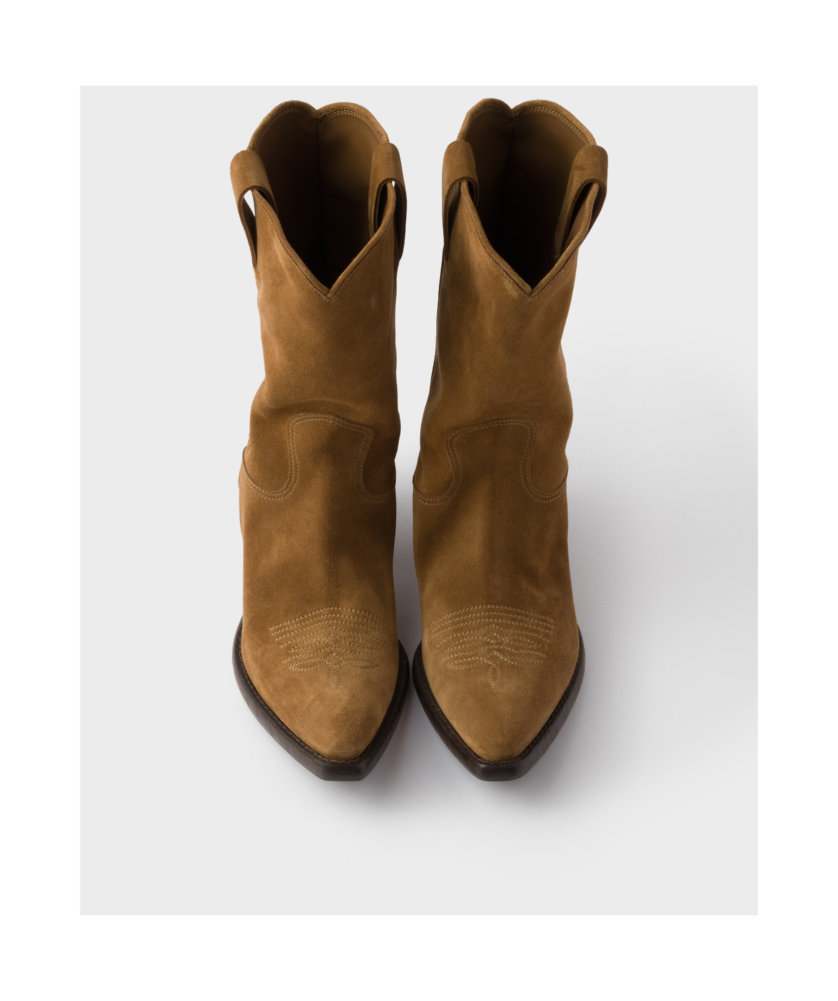 Prada Suede Leather Block Heel Mid-calf Boots In Tobacco Color