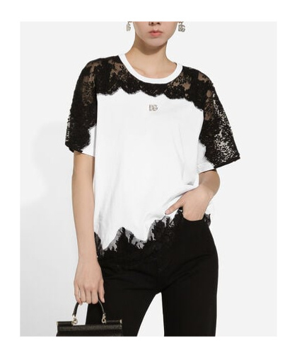 Dolce & Gabbana Jersey T-shirt With Dg Logo And Lace Inserts In White