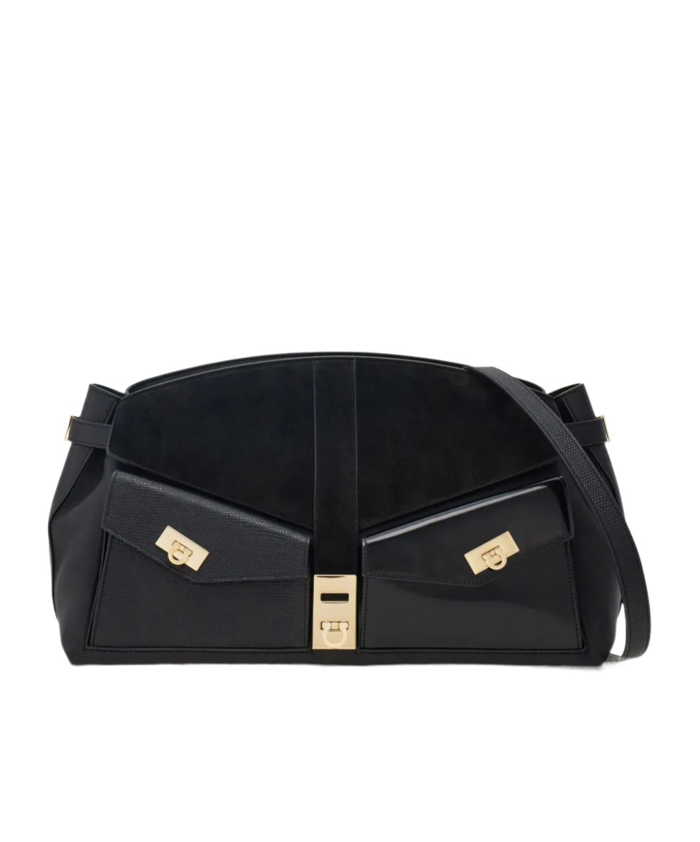 Ferragamo Hug Pouch Large Suede-trimmed Leather Shoulder Bag In Black