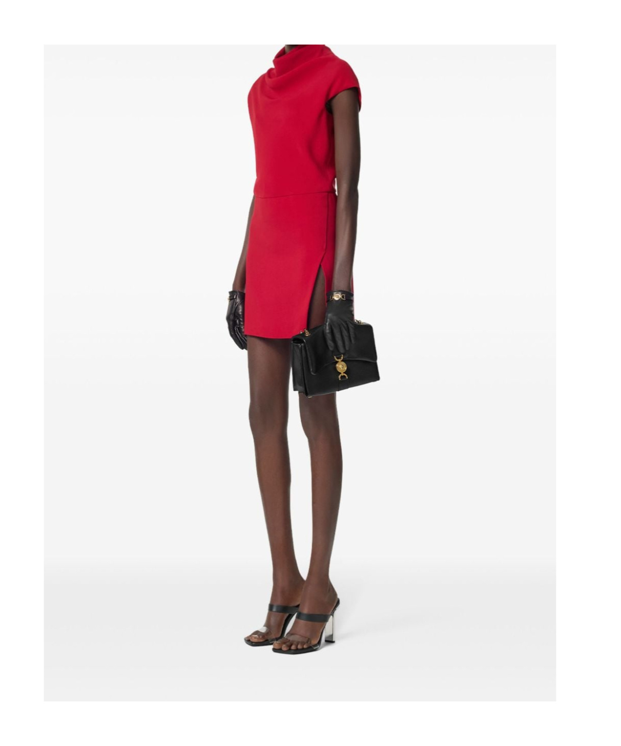 Versace Turtleneck Cap-sleeve Cady Slit Mini Dress In Red