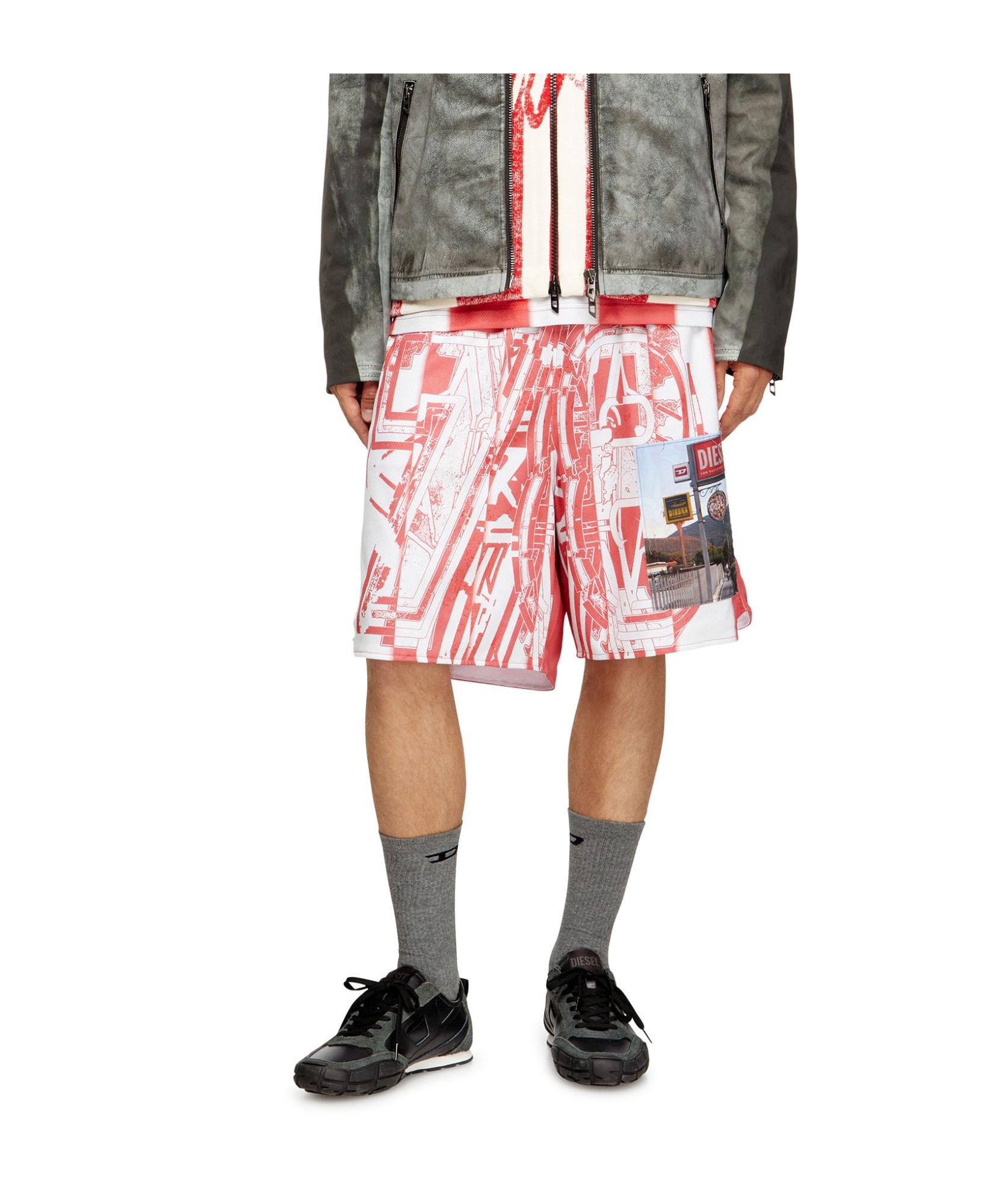 Diesel Graphic Print Elastic Waistband Shorts With Back Pocket In Pink